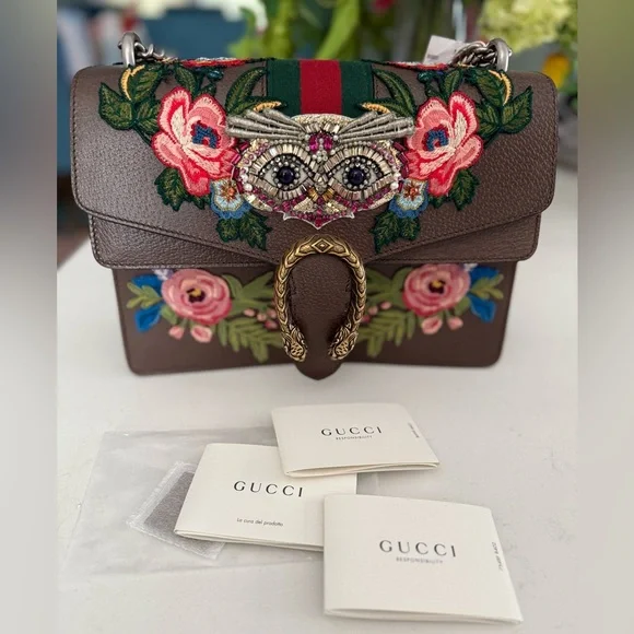 GUCCI Calfskin Web Owl Embroidered Medium Dionysus Shoulder Bag New Acero ~ NWT - Picture 13 of 16